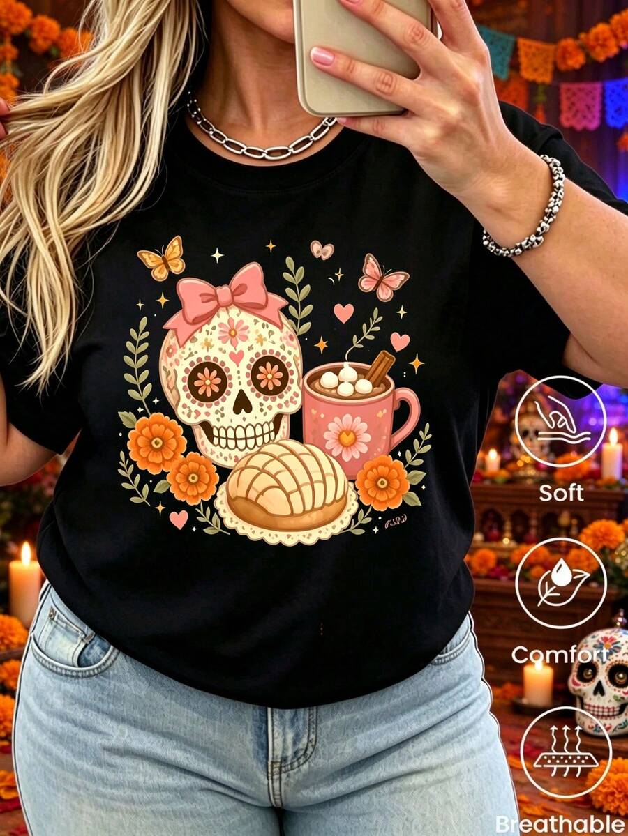 Camiseta Y2K estampado Día de Muertos, unisex pareja, cuello redondo, manga corta, 1 pieza, para primavera‑verano‑otoño, interior/exterior, oficina, ocio y deporte - Negro - Ver 1