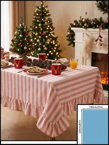 1pc Beige With Pink Fine Stripe Tablecloth, Traditional Country Style, Rectangular With Scalloped Edge And Pleated Details, Stain-Resistant Protective Table Cover, Suitable For Christmas, Family Gatherings And Winter Holiday Dining Room Decor - Pink - View 13
