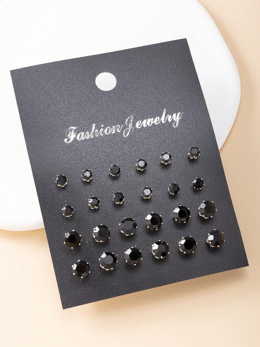 1 Set 12 Pairs Fashion Cubic Zirconia Decorative Stud Earrings Set Suitable For Men And Women Daily Wear Holiday Gift Jewelry - Black - View 1