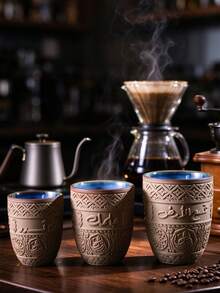 Vintage Handmade Style Ceramic Cup With Arabic Calligraphy And Geometric Pattern, Brown/Blue Glazed Interior, Suitable For Home, Office, Cafe Rustic Style Drinkware, 135ml/200ml/280ml Three Sizes - Multicolor - View 2