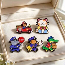 Cute Cartoon Occupation Animal Enamel Pins, Dog Firefighter Police Cat Crocodile Hippo Brooch Badge For Backpack Jacket Hat, Lovely Gift For Friends - Multicolor - View 3