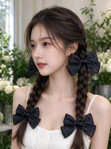 2件組女款純色蝴蝶結髮圈，適合長期佩戴 - 黑色 - 查看 2