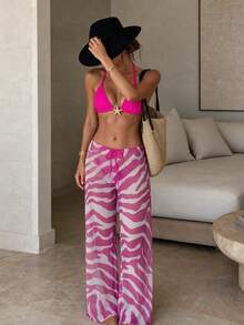 HOTTIE HABIT Women's 3-Piece Halter Triangle Bikini Set, Solid Pink Bikini Paired With Pink Zebra Print Loose Wide Leg Beach Pants, Suitable For Beach, Pool, Vacation - Pink - View 1