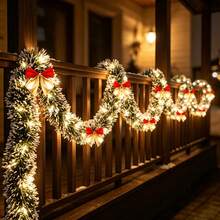 1/2pcs Pine Branch Christmas Wreath String Lights With Dark Snow Tips And Bows, Suitable For Christmas Tree, Stairs, Fireplace, Garden, Christmas Decoration (Batteries Not Included) - Warm Light - View 4