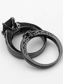 2 Copper Inlaid Black Zirconia Heart Ring Set - Black - View 4