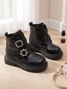 1 Pasang Sepatu Bot Pendek Anak Perempuan Warna Hitam, Tali Ganda dengan Gesper Persegi Berhiaskan Berlian Imitasi & Hiasan Bunga, Gaya Manis & Keren untuk Anak-anak, Sepatu Bot Harian Serbaguna untuk Musim Gugur/Musim Dingin untuk Anak Perempuan - Hitam - View 4