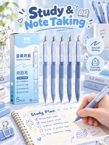 5pcs Blueberry Cheese Gradient Blue Series Retractable Neutral Pens Set, 0.5mm Black Ink, Quick-Dry Smooth Writing, Soft Rubber Comfortable Grip Design, 5 Shades Of Blue High-Value Study Pens, Suitable For Student Exams, Classroom Notes, Office Writing, Journaling And Daily Learning Stationery - Sets - View 8