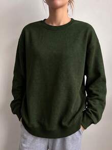 Sweatshirt Wanita Lengan Panjang Leher Bulat Kasual untuk Musim Semi/Gugur/Dingin - Dark Green - View 2