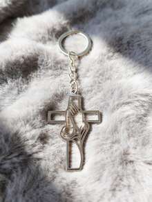 1pc Christian Cross Keychain, Silver Metal Hollow Praying Hands Pendant, Religious Faith Charm Keyring, Car Key Accessory Gift For Men & Women - A - View 3