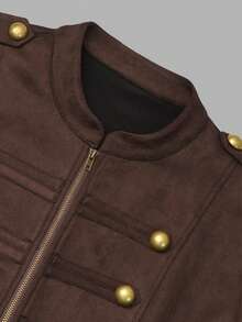 DONICY Women's Fashion Brown Military Style Jacket, With Gold Buttons And Zipper, Autumn/Winter Woven Fabric Coat - Coffee Brown - View 4