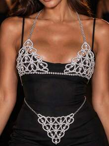 Bra Chain, Silver Bikini Panties, Shiny Body Chain, Crystal Panties - Red Diamond Heart Body Bracelet - Gold - View 10