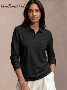 Vancamel Pulse Women's Outdoor Sports Minimalist Solid Color Long Sleeve Polo Shirt, Versatile Commute Slim Fit Top - Black - View 2
