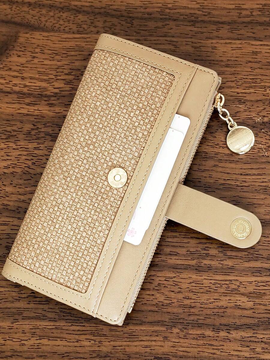 Dompet Lipat Panjang Wanita Bahan PU dengan Tekstur Tenun dan Motif Patchwork, Gesper Cantik dan Penutup Magnetik, Tempat Kartu Multifungsi, Pengatur ID, Dompet Genggam Ringkas dengan Dompet Koin Berresleting
