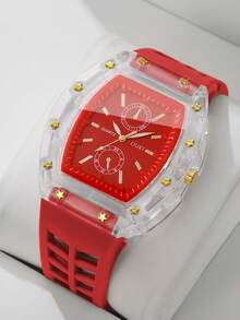 Women's Silicone Strap Fashion Transparent Case Watch, Barrel-Shaped Dual-Dial Scale Watch Face Outdoor Sports Wristwatch, Gift Watch (1pc/Set) Watch Box Not Included - Red - View 10