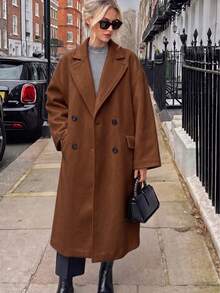 Women's Long Sleeve Solid Color Jacket With Pockets And Double-Breasted Design, Country Style, Winter - Coffee Brown - View 5