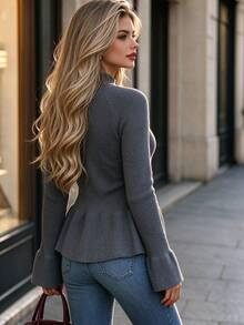 DONICY Fall Clothes For Women, Dark Gray Mock Neck Knit Sweater, Flare Long Sleeve Peplum Hem Raglan Sleeve Ribbed Fitted Top - Grey - View 2