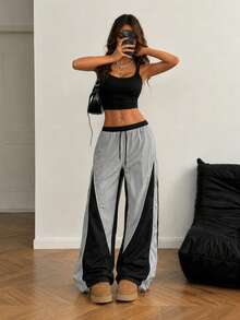 Women's Colorblock Wide Leg Track Pants, High Waist Drawstring Loose Fit Streetwear Trousers With Contrast Panel Design And Casual Style - Grey - View 5