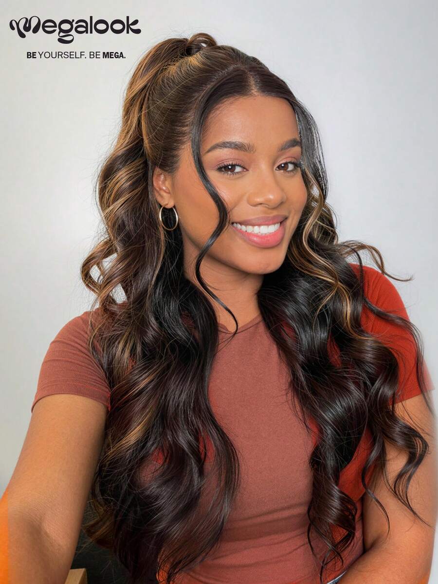 MEGALOOK 360 Lace Front Wig 1B/30 Highlighted Brown Water Wave 100% Human Hair Invisible Band Wear And Go Glueless Lace Front Wig Human Hair Pre-Plucked Hairline With Drawstring - SNATURAL/30 - View 1