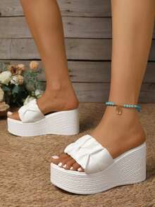 Women's PU Leather Ruched Decor Wedge Heel Slides Textured Thick Sole Casual Beach One-Strap Sandals - White - View 7