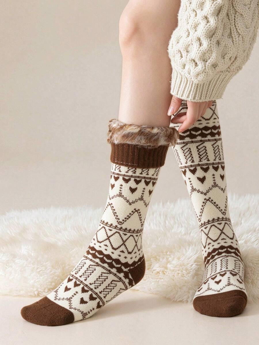 1 Pasang Kaos Kaki Tebal Jacquard untuk Musim Gugur/Dingin, Kaos Kaki Rajut Serbaguna Gaya Maillard Setinggi Lutut untuk di Rumah, Pemakaian Sehari-hari, dan Bepergian - MultiWarna - View 1