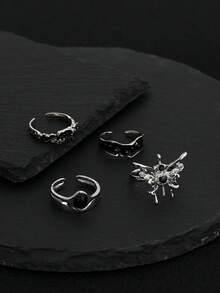 4PCS Dark Style Personalized Punk Black Glazed Fashion Butterfly Finger Rings, Multi-Element Faux Gemstone Stackable Ring Set For Women - Silver - View 4