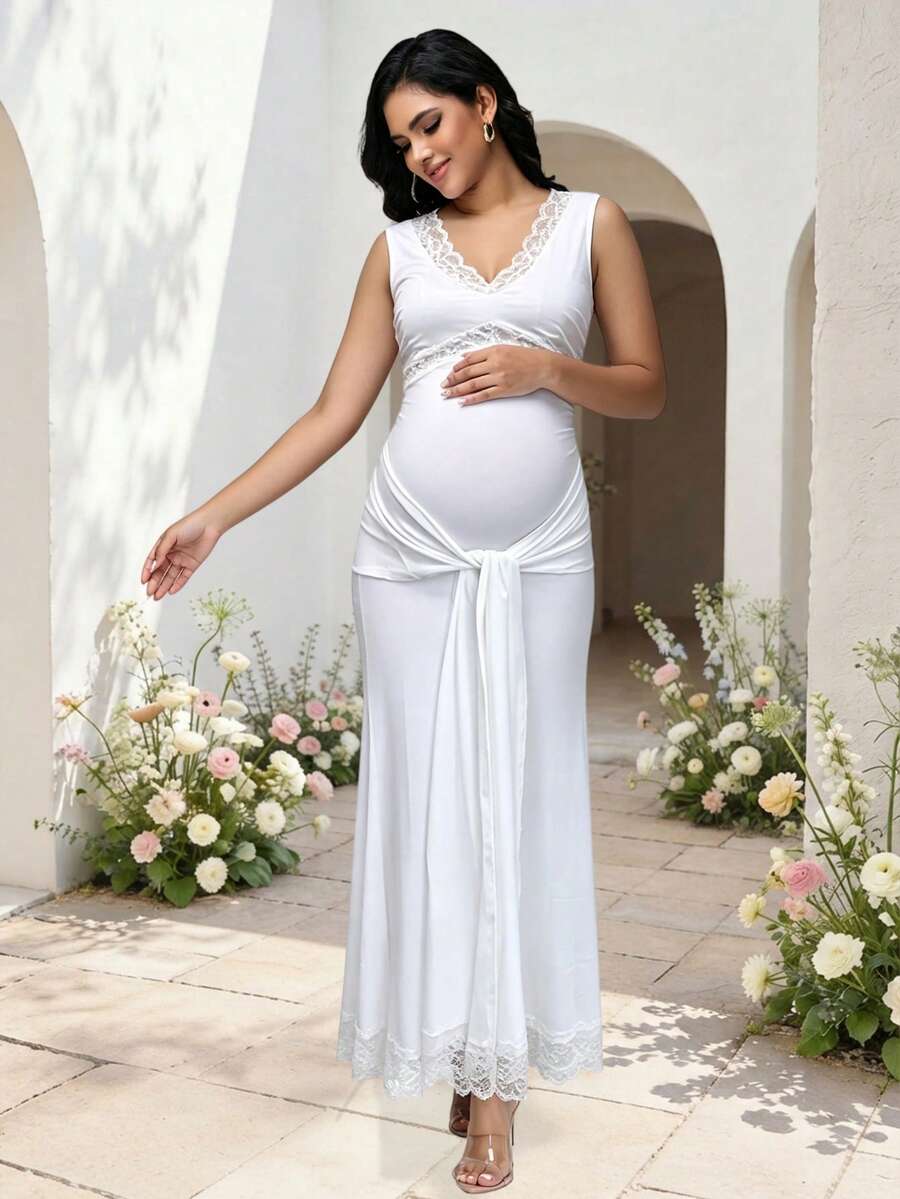 JustVH Maternity Lace Patchwork Ruched Tie-Waist Maxi Dress, Sleeveless Fitted Party Gown For Summer, Baby Shower/Photoshoot - White - View 1
