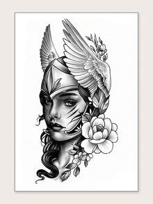 Black Creative Wing Portrait Floral Pattern Party Gift DIY Holiday Gift Music Festival Temporary Waterproof Tattoo Sticker For Arm, Shoulder, Neck, Collarbone, Back, Waist, Abdomen, 1pc - Black - View 8