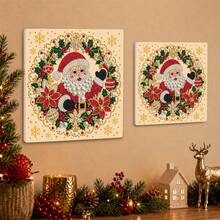 2D Flat, 1pc PVC Material Christmas Pearl Painting, Waving Santa Claus In Holly Wreath Pattern, Pearl Art Tabletop Stand Ornament, Holiday Home Table & Wall Decoration, Christmas Gift - View 6