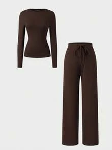 2pcs Women's Elegant Casual Daily Autumn Brown Long Sleeve Round Neck Top & Drawstring Pants Set, Casual Terno Outfit For Women, Casual Sets For Women - Brown - View 7