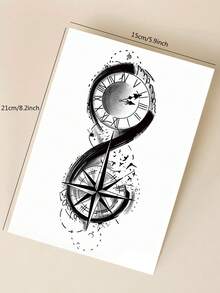 Black INS Style Creative Personalized Clock Compass Pattern Party Gift DIY Holiday Gift Music Festival Temporary Waterproof Tattoo Sticker For Arm Waist Abdomen 1pc/Pack - Black - View 8