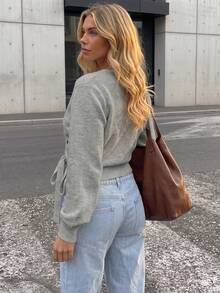 Knotted Comfortable Elegant Sweater Cardigan, Unique Styling, Suitable For Autumn/Winter Daily Commute, Dating, Travel And Various Occasions - Medium Gray - View 6