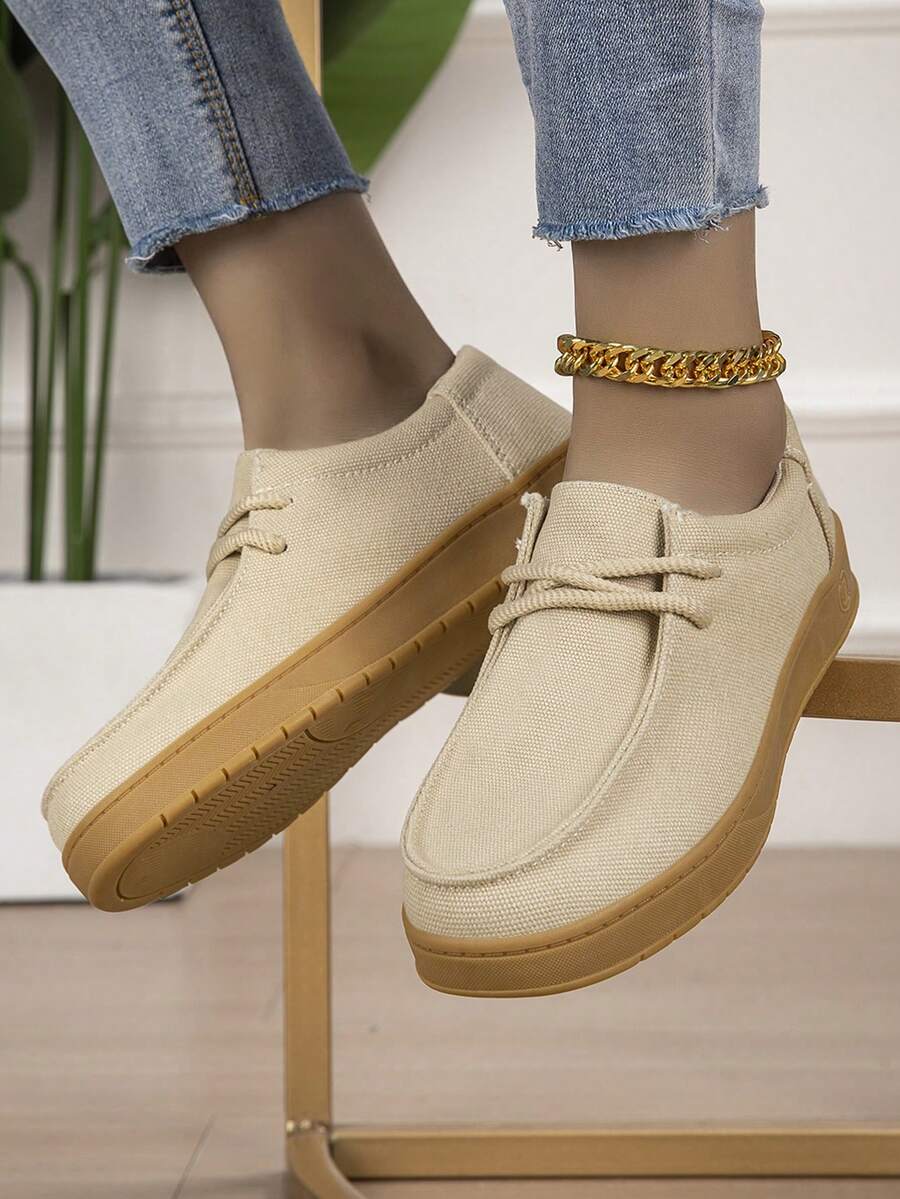 Women's Casual Round Toe Low-Top Lace-Up Solid Color Flat Sneakers, Daily Casual Shoes - Khaki - View 1