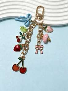 Cute Cartoon Fruit & Animal Keychain, Strawberry Cherry Mushroom Frog Bee Daisy Bow Enamel Pendant, Sweet Girl Alloy Bag Charm - Multicolor - View 6