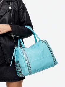 Baby Blue PU Leather Bowling Bag With Patchwork Design Stud Detailing Multiple Pockets Fringed Drawstring Closure And Punk-Style Women's Tote Bag - Baby Blue - View 3