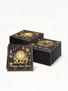 20pcs/5pcs 2027 New Year Luxury Black & Gold Disposable Cocktail Napkins, Shiny Disco Ball Sequin Print, Suitable For Party, Bar And Banquet Holiday Table Decor - A - View 4