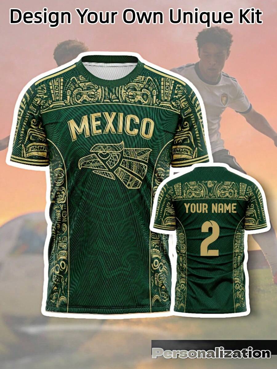 Custom Mexico Eagle Football Jersey, Vintage All-Over Print Dark Short Sleeve, Large MEXICO Letter Print, 2026 Football Match Summer Sports Football Team Uniform - Dark Green - View 1