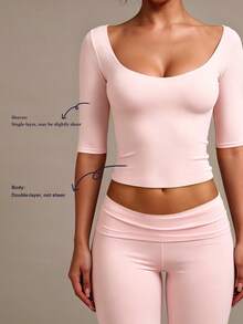 XLLAIS Sexy Sweetheart Neck Yoga Basic High Elasticity Bare Feeling 3/4 Sleeve Slim Fit Fitness Baby Pink Summer T-Shirt Top Double Layer Back To Casual - Baby Pink - View 8