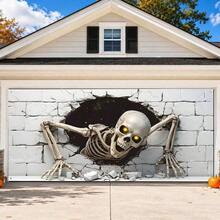 2D Flat 1pc Halloween Skeleton Garage Door Banner Decoration - Giant Scary Skeleton Wall-Breaking Garage Door - Multicolor - View 8