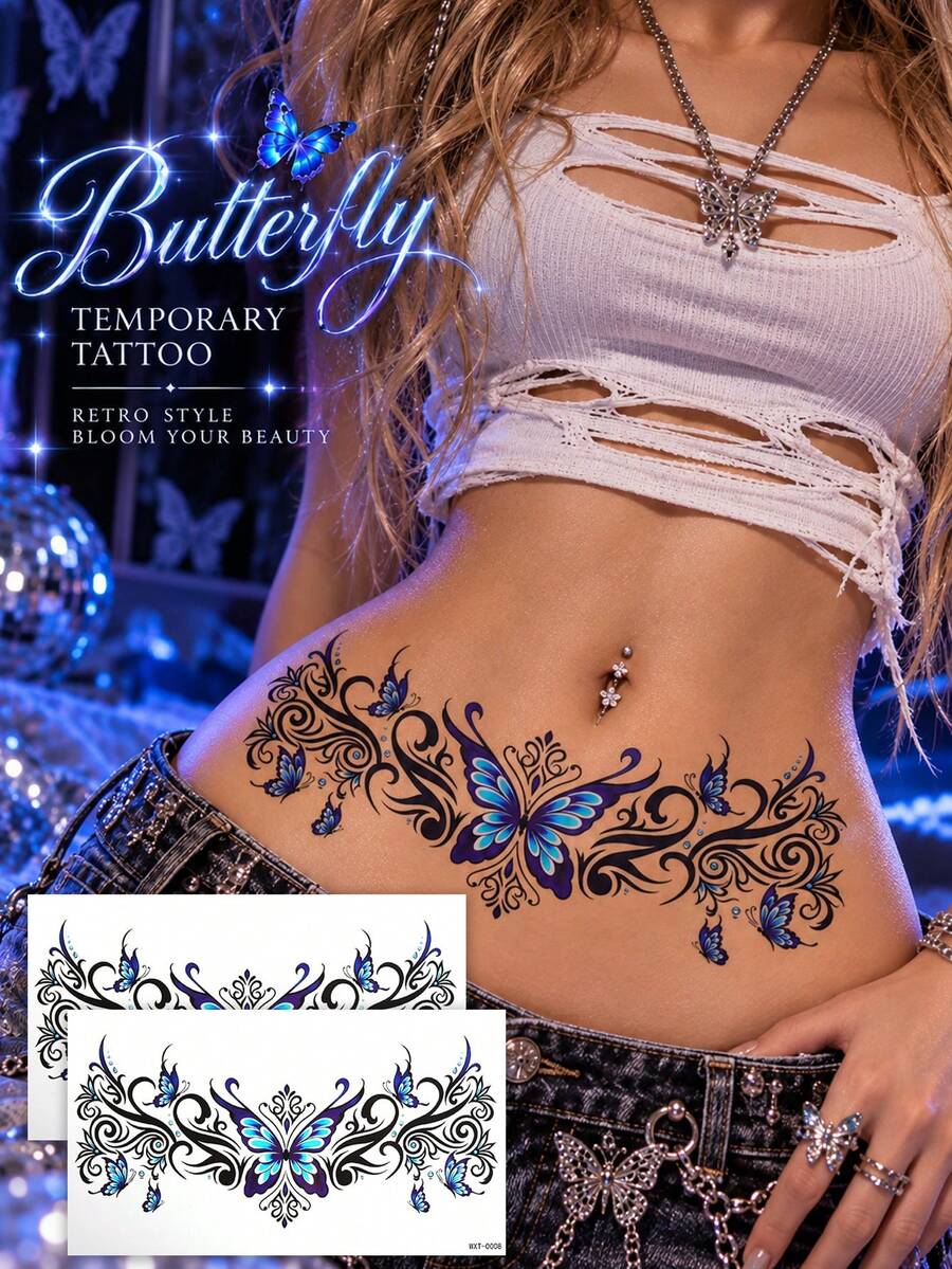 Blue Butterfly Temporary Tattoos For Women, Waterproof Butterfly Tattoo Stickers, Retro Y2K Body Art Decals For Waist, Lower Back, Festival, Party & Summer Fashion - Multicolor - View 1