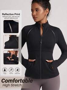 Women's Slim Fit Half-Zip Long Sleeve Sports Sweatshirt, High Elastic Fabric Reflective Polka Dot Design Running Jacket Workout Top, Suitable For Yoga, Gym And Daily Wear - Black - View 1