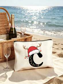 Santa Hat Reindeer Antler Initial Letter Makeup Bag, Christmas A-Z Alphabet Zipper Pouch, Portable Travel Cosmetic Organizer, Holiday Gift For Ladies - Multicolor - View 33