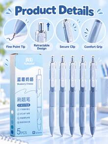 5pcs Blueberry Cheese Gradient Blue Series Retractable Neutral Pens Set, 0.5mm Black Ink, Quick-Dry Smooth Writing, Soft Rubber Comfortable Grip Design, 5 Shades Of Blue High-Value Study Pens, Suitable For Student Exams, Classroom Notes, Office Writing, Journaling And Daily Learning Stationery - Sets - View 5