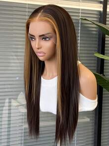 24 Inch Long Straight Synthetic Wig With Blonde Money Piece Highlights For Women Dark Brown Heat Resistant Fiber Glueless Middle Part Hair Wig For Daily Party Wear - Brown - View 9