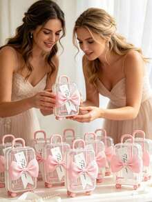 36/18/3pcs Transparent Mini Suitcase Gift Boxes With Pink Bows And "Thank You" Tags, Suitable For Wedding Guest Favors, Table Decor, Centerpieces, Wedding Party Packaging, Afternoon Tea Party Gifts And Holiday Event Packaging - Multicolor - View 6