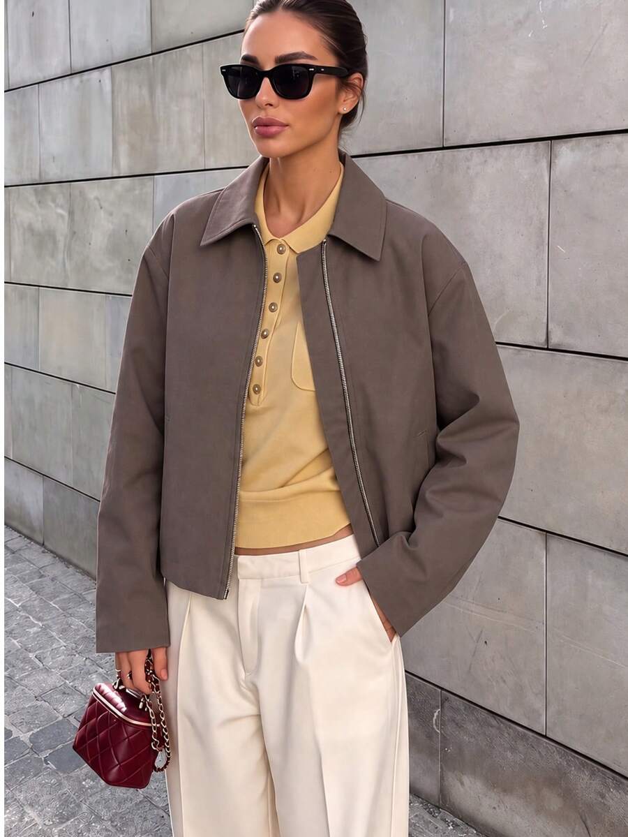Women's Zipper Jacket, Loose Long Sleeve, Casual New Style 2024 Fashion, Women's Flight Jacket, Short Jacket Brown