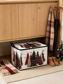 Zippered Storage Box Featuring A Christmas Tree Design; Hand-Painted Motifs Of Pine Trees, Snowflakes, Stars, And Vintage Winter Holiday Patterns In Red, Black, And Silver; A Collapsible Storage Basket/Bin With Handles, Suitable For Home Organization - Multicolor - View 6