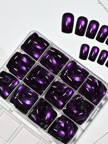 144片深紫色魔幻貓眼穿戴甲,秋季方形亮面全覆蓋假指甲,極光閃亮假指甲片,Y2K哥德風可重複使用穿戴甲,適合女性 - 彩色 - 查看 4