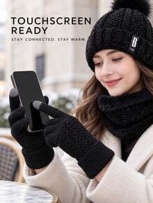 3pcs/Set Unisex Winter Pom Pom Knit Hat, Scarf, Gloves Set, Warm Lining, Thick Warm Touchscreen Gloves, Outdoor Cold Weather Protection Solid Color - Multicolor - View 4