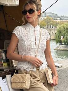 Spring Summer Autumn Women's Vacation Style Stand Collar Frog Button Lace Blouse, Versatile For Multiple Occasions White - White - View 3