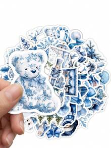 50Pcs Blue Christmas Stickers, Vintage Winter Santa, Polar Bear, Snowflake, Bow & Xmas Tree Pattern Decal, Waterproof Vinyl Stickers For Journal, Scrapbook, Water Bottle, Laptop, Planner, DIY Craft Decor - Multicolor - View 4